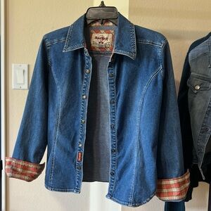 Hard Rock Cafe denim shirt XS with orange plaid sleeve trim